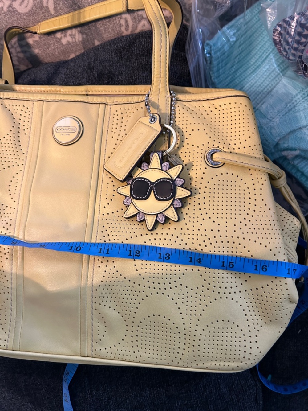 Coach Perforated Leather Yellow Tote Bag w/ Sun Bag Charm - Picture 8 of 11